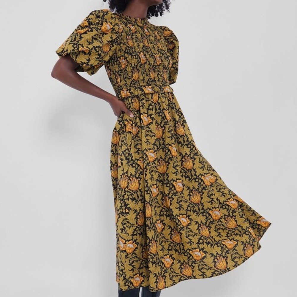 Hyacinth House Olive Leafy Floral Smocked Smythe Midi Dress